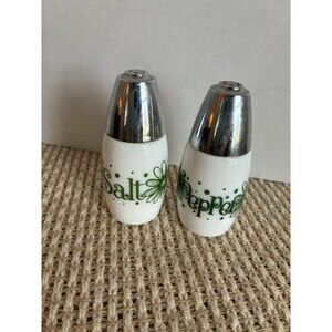 Gemco Salt and Pepper Milk Glass Crazy Bloom Daisy Green 1970s VTG